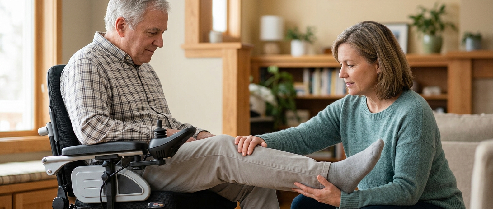 Family member tenderly supporting a loved one using a power wheelchair at home.