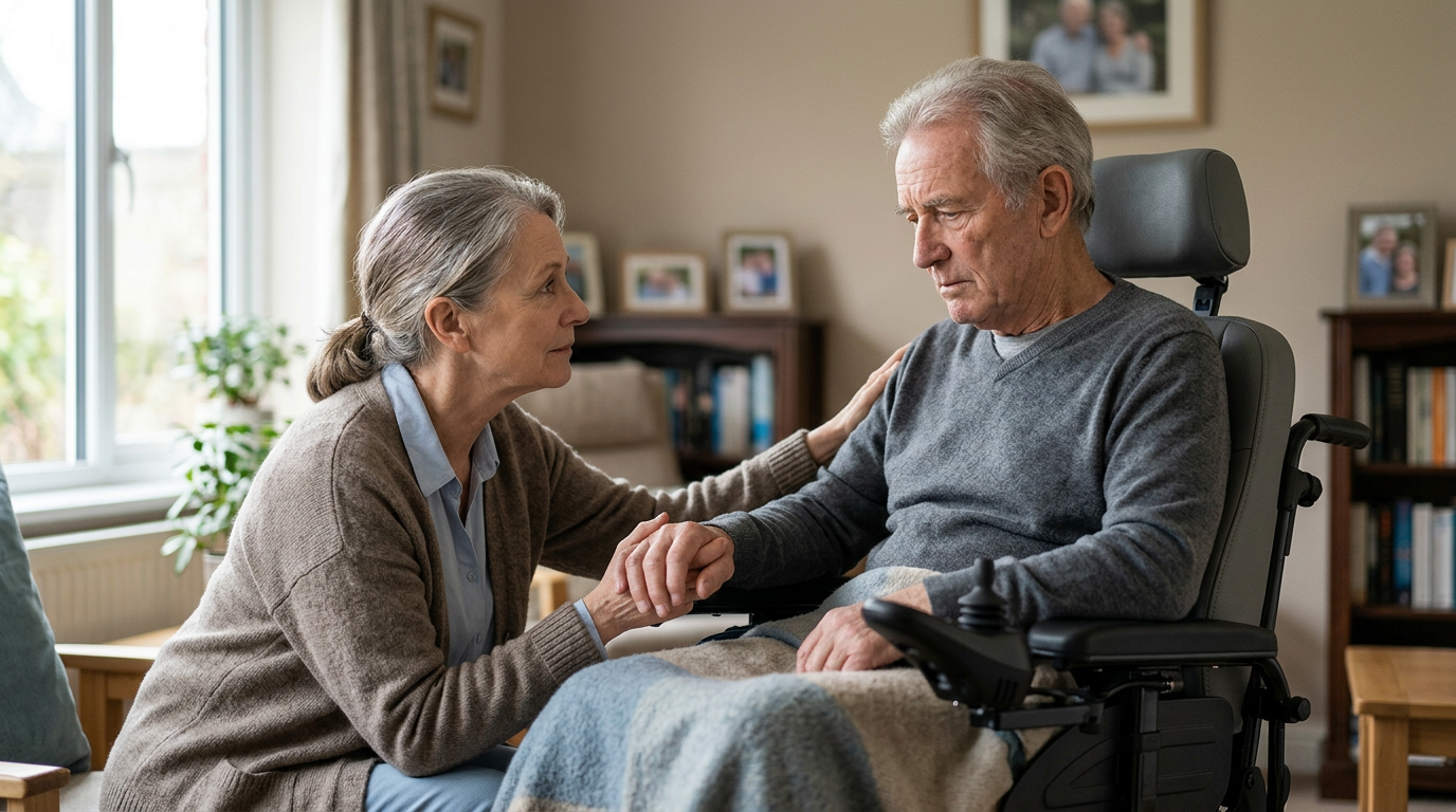 Family member tenderly supporting a loved one using a power wheelchair at home.