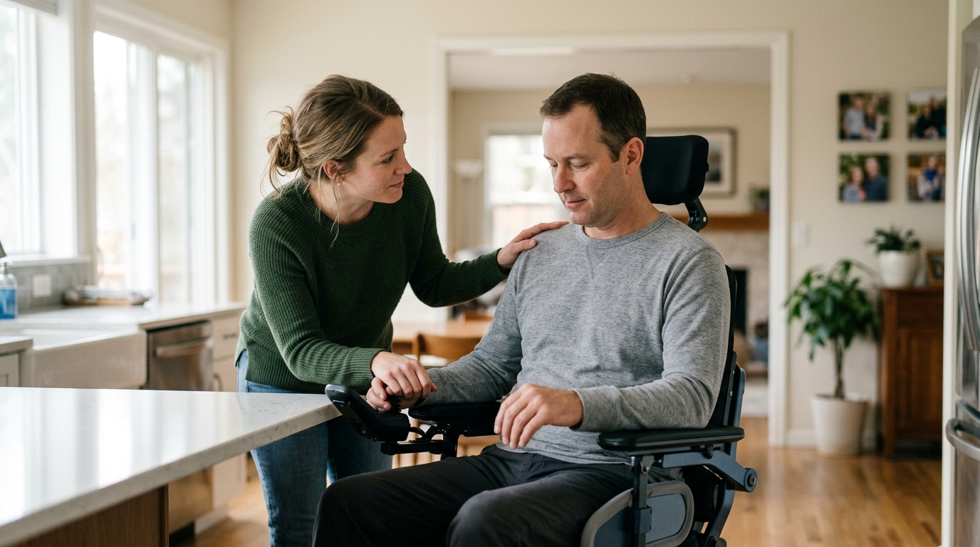 Family member tenderly supporting a loved one using a power wheelchair at home.