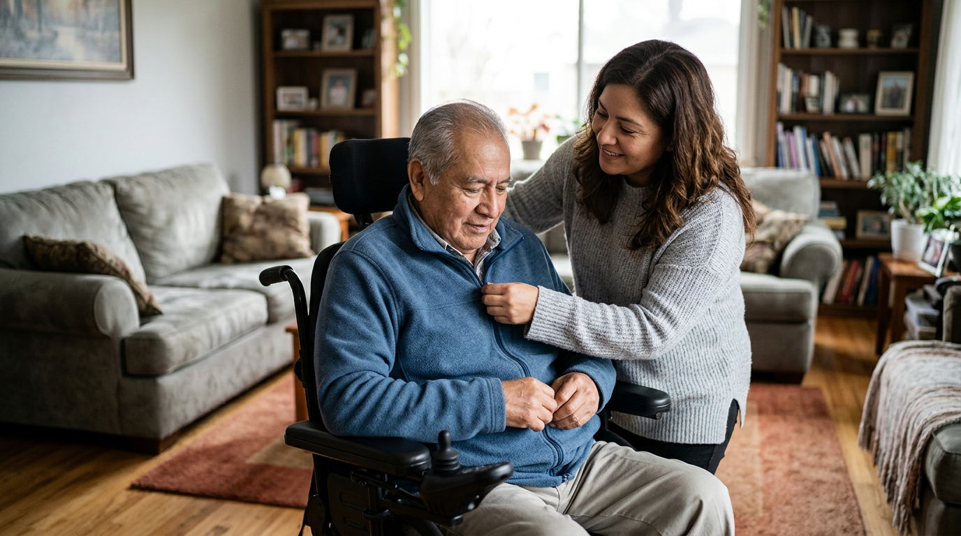 Family member tenderly supporting a loved one using a power wheelchair at home.