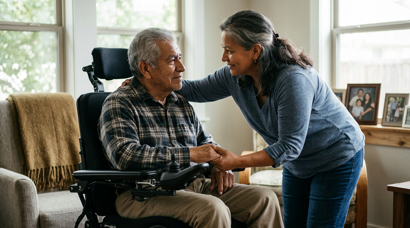 Family member tenderly supporting a loved one using a power wheelchair at home.