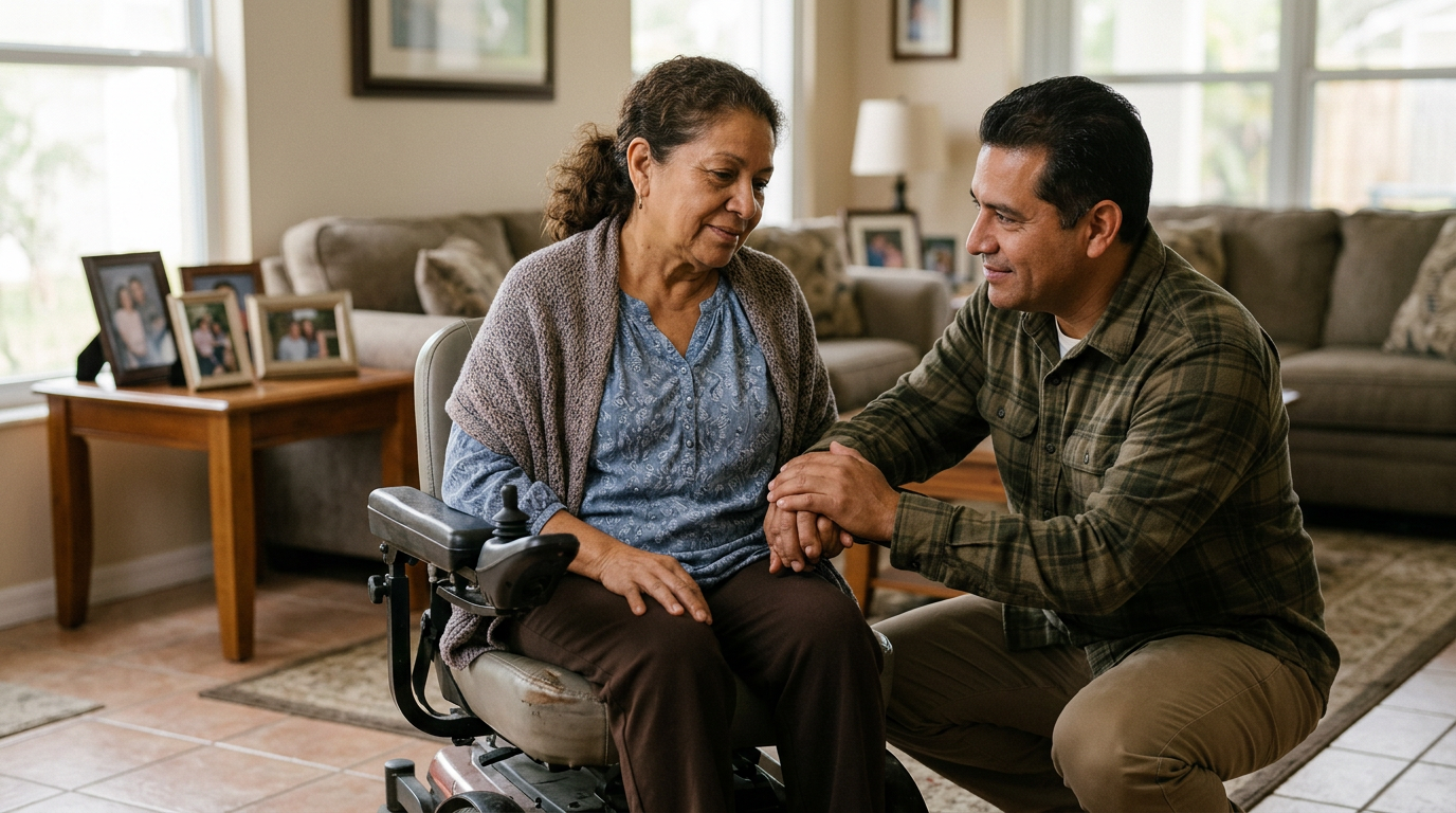 Family member tenderly supporting a loved one using a power wheelchair at home.