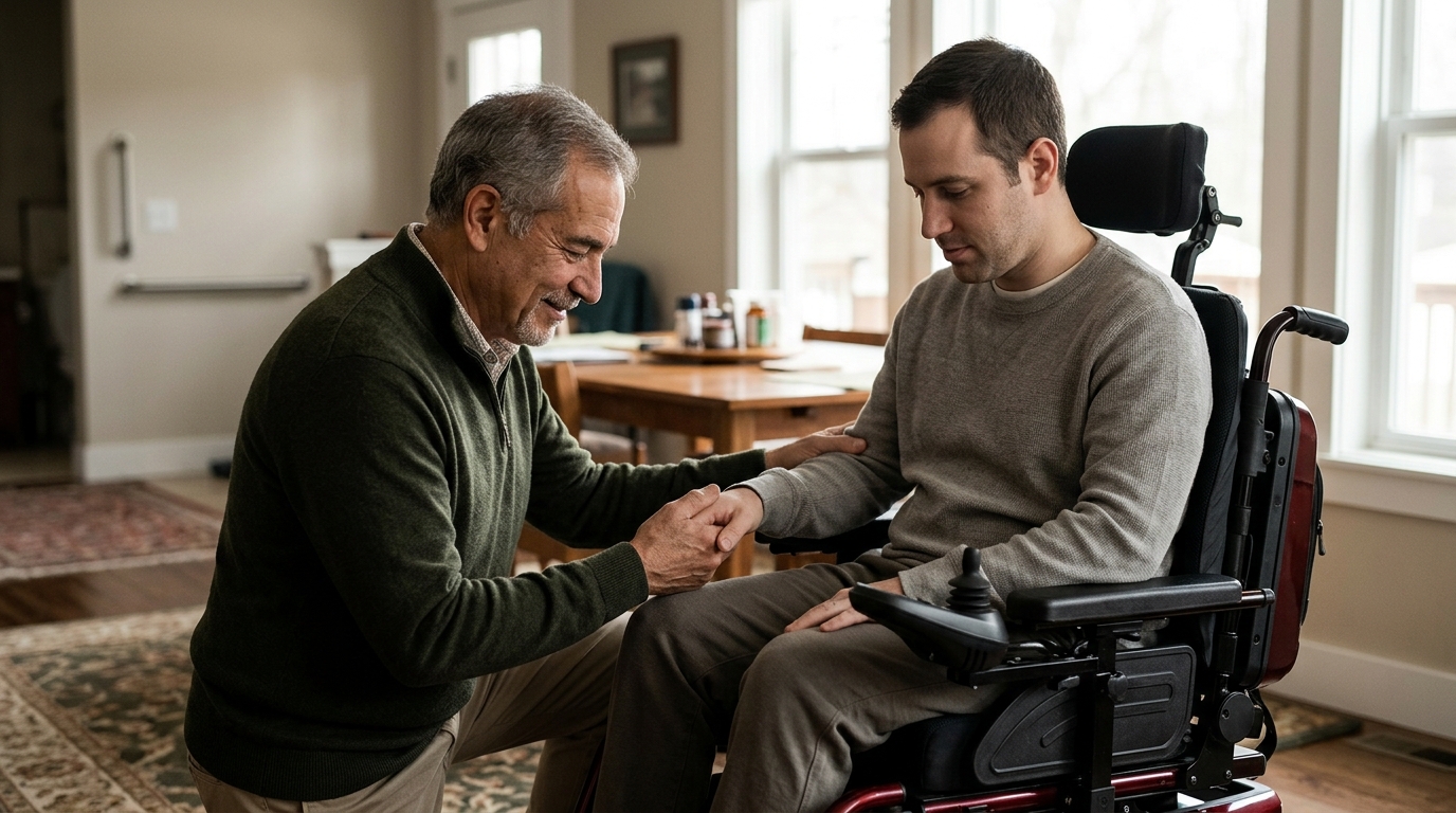 Family member tenderly supporting a loved one using a power wheelchair at home.