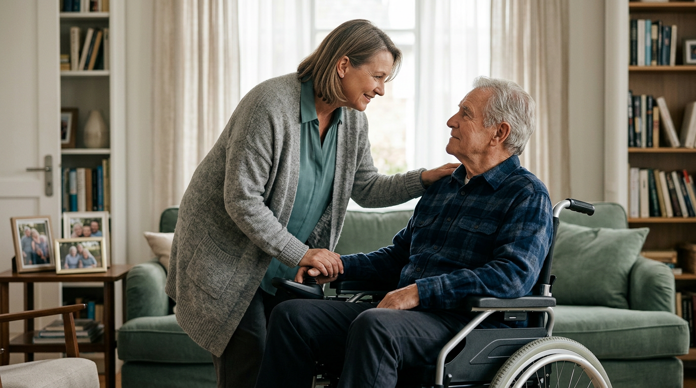 Family member tenderly supporting a loved one using a power wheelchair at home.
