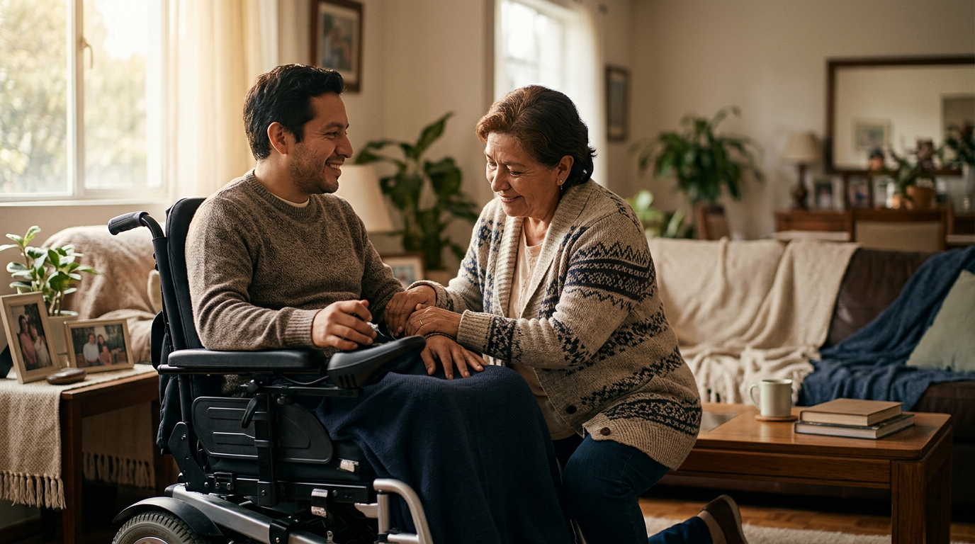 Family member tenderly supporting a loved one using a power wheelchair at home.