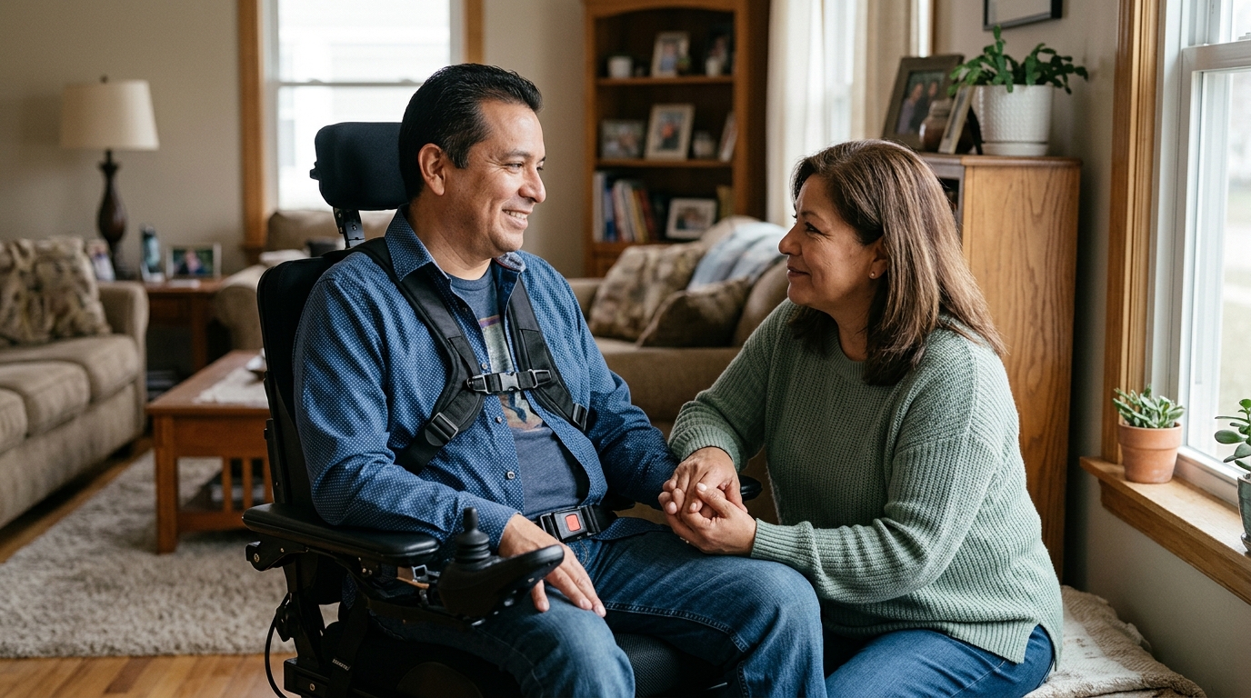Family member tenderly supporting a loved one using a power wheelchair at home.