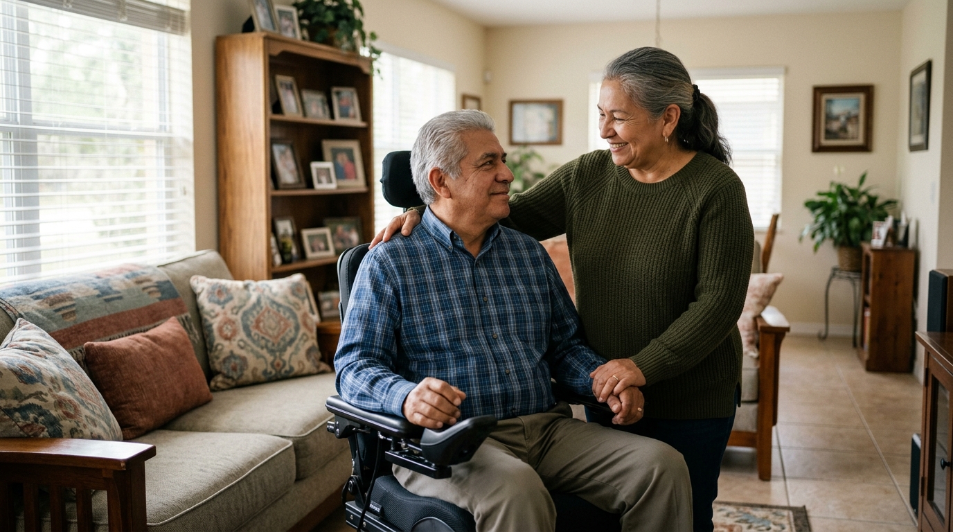 Family member tenderly supporting a loved one using a power wheelchair at home.