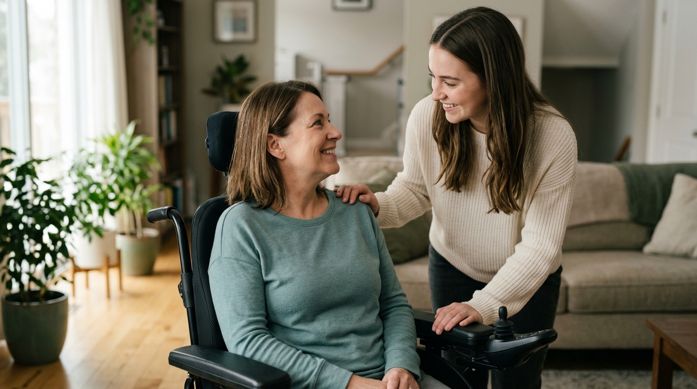 Family member tenderly supporting a loved one using a power wheelchair at home.