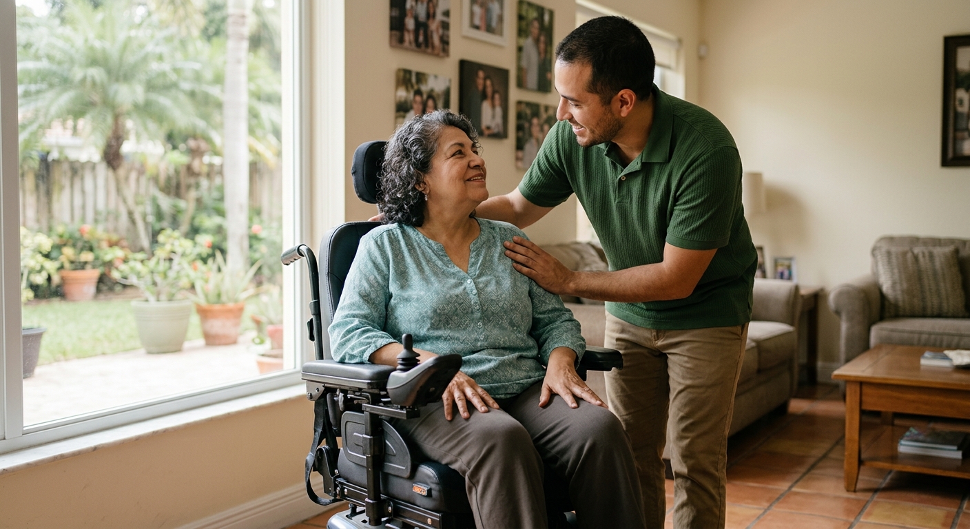 Family member tenderly supporting a loved one using a power wheelchair at home.