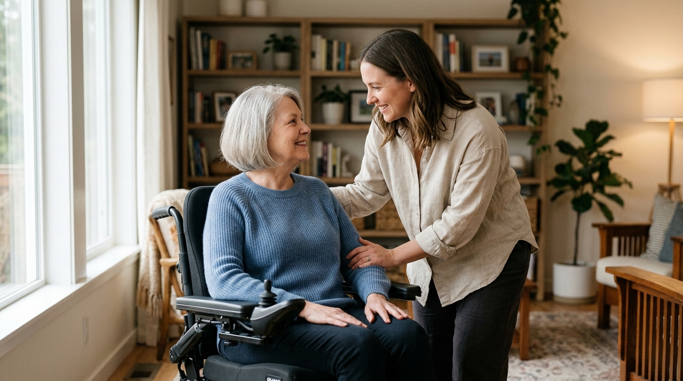Family member tenderly supporting a loved one using a power wheelchair at home.