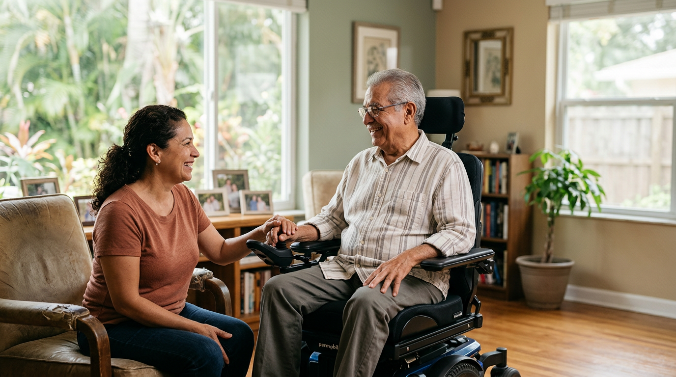 Family member tenderly supporting a loved one using a power wheelchair at home.