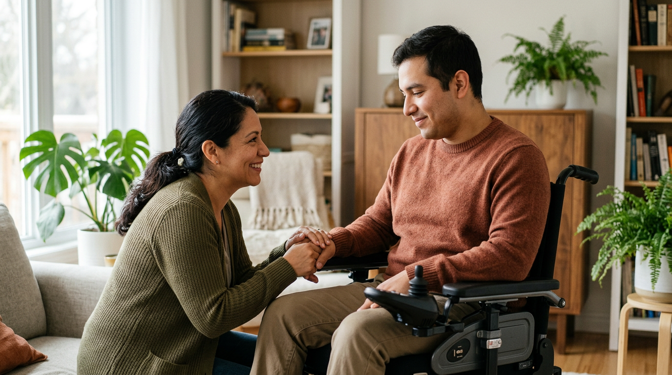 Family member tenderly supporting a loved one using a power wheelchair at home.