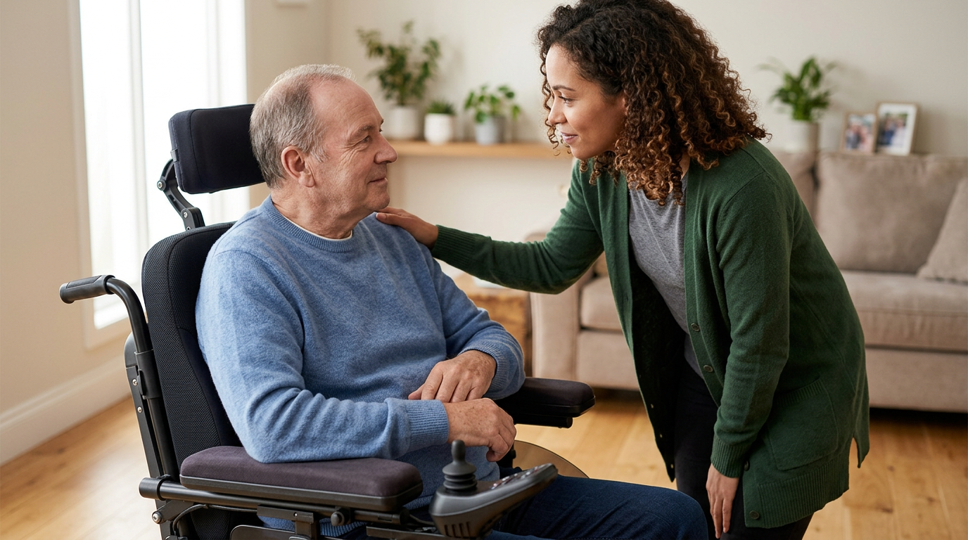 Family member tenderly supporting a loved one using a power wheelchair at home.