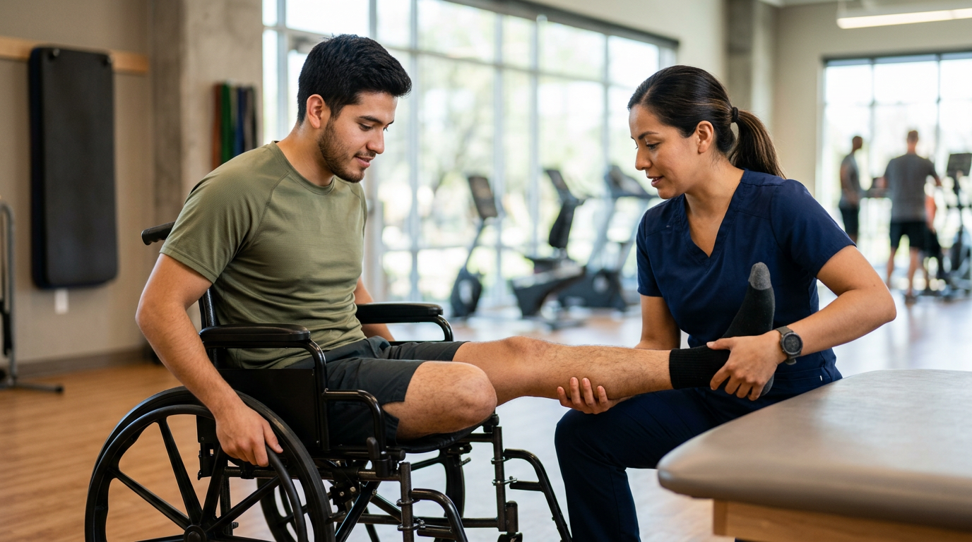 Fisioterapeuta asiste a joven en silla de ruedas durante rehabilitación de lesión medular en gimnasio.