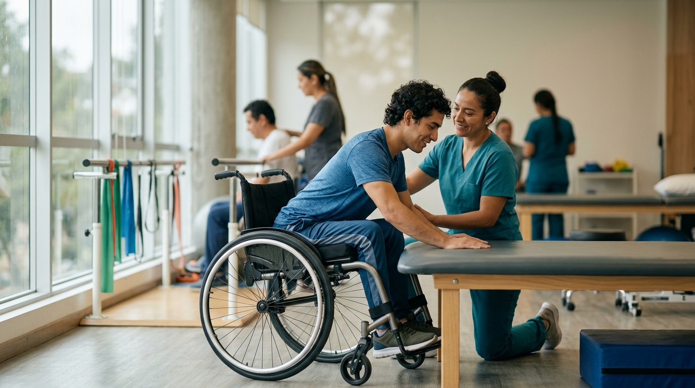 Fisioterapeuta asiste a un joven en silla de ruedas durante rehabilitación en un gimnasio.