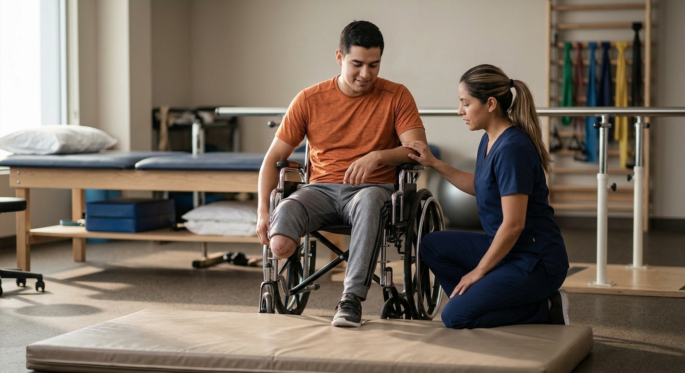 Fisioterapeuta asiste a un joven en silla de ruedas durante rehabilitación en un gimnasio.