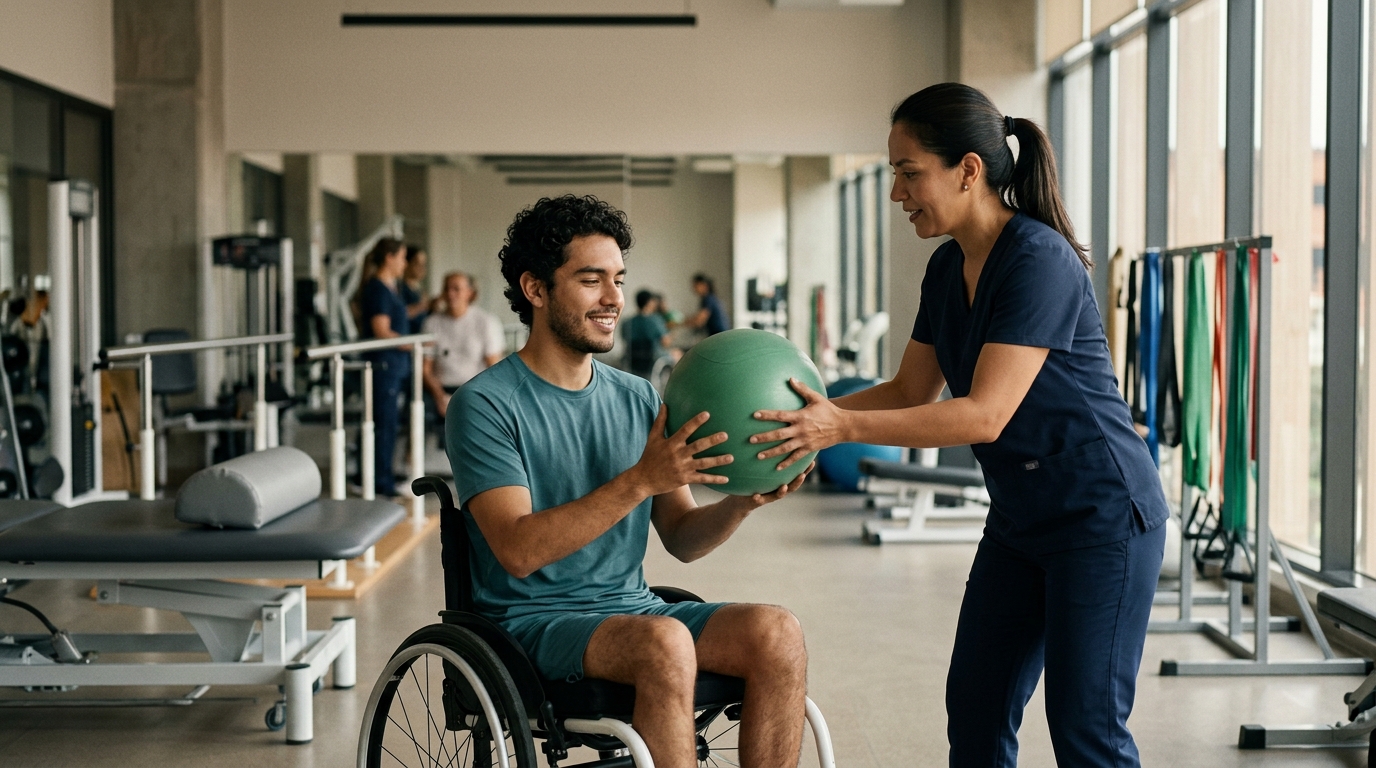 Fisioterapeuta latina asiste a joven en silla de ruedas durante rehabilitación en gimnasio.
