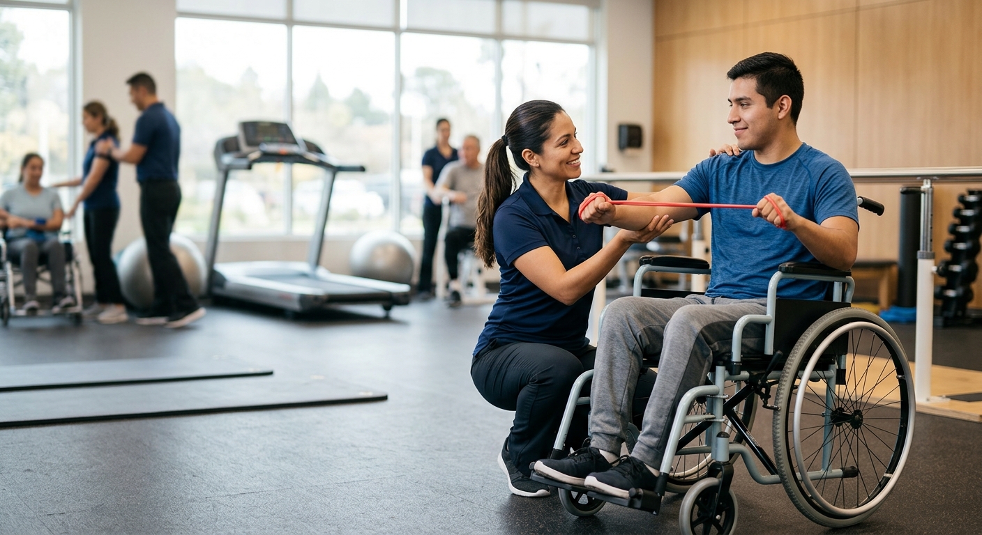 Fisioterapeuta latino asiste a joven en silla de ruedas durante rehabilitación de lesión medular en gimnasio.