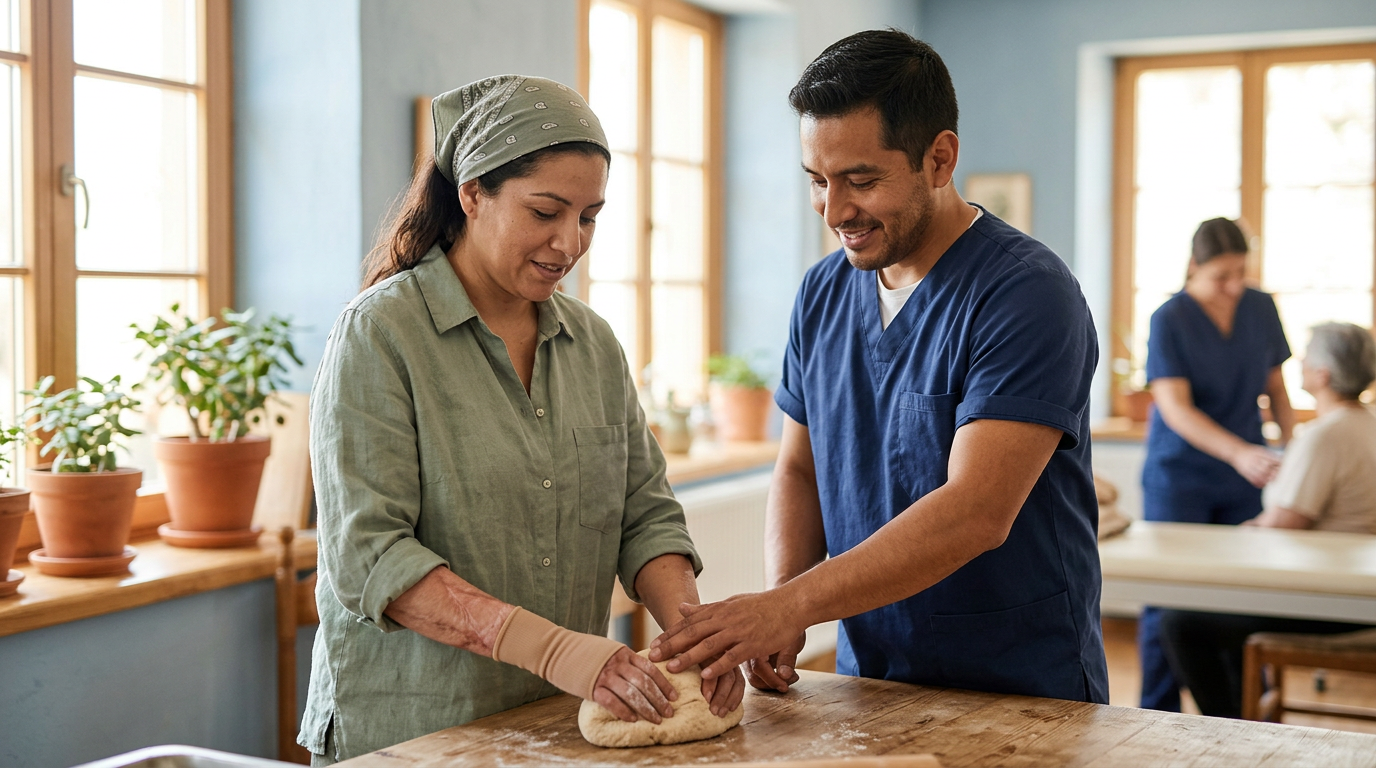 Hispanic burn-injury survivor receiving compassionate care in a calm rehabilitation setting.