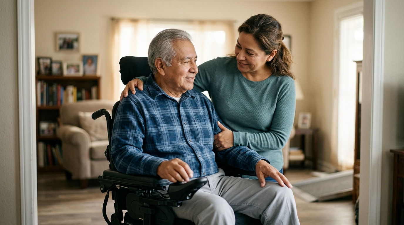 Hispanic family member tenderly supporting a loved one using a power wheelchair at home.
