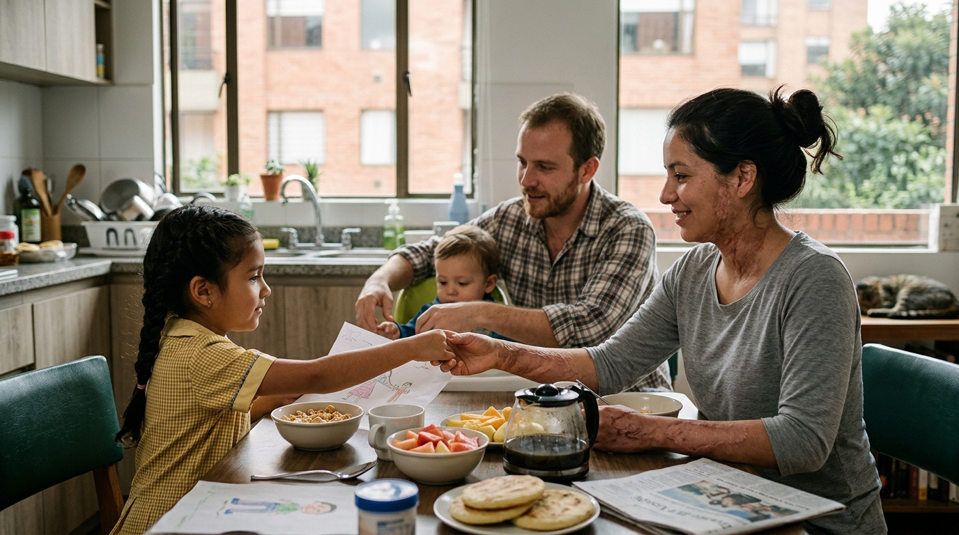 Hispanic family sharing an everyday moment at home as a burn survivor returns to daily routine after recovery.