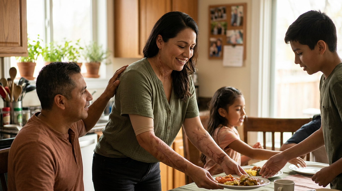 Hispanic family sharing an everyday moment at home as a burn survivor returns to daily routine.