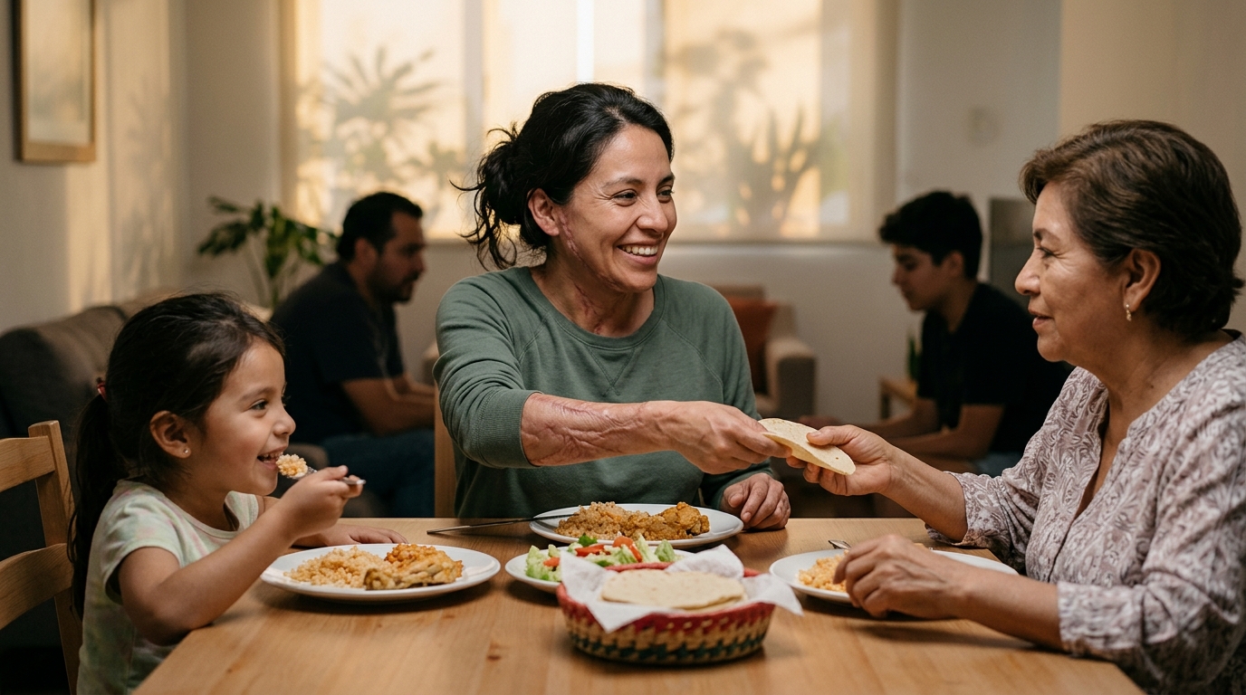 Hispanic family together at home as a burn survivor returns to everyday routine after injury recovery.