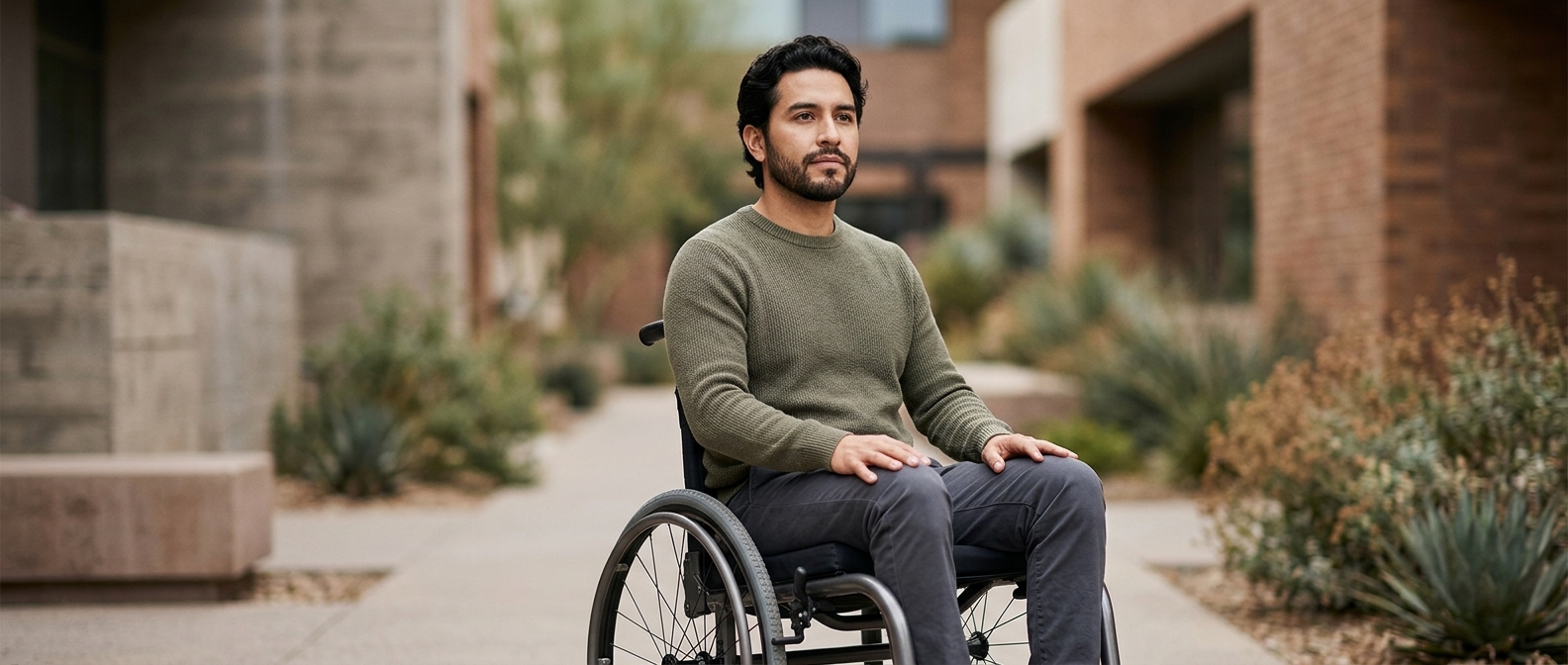 Hispanic man in a wheelchair looking forward with quiet resolve after a catastrophic spinal injury.