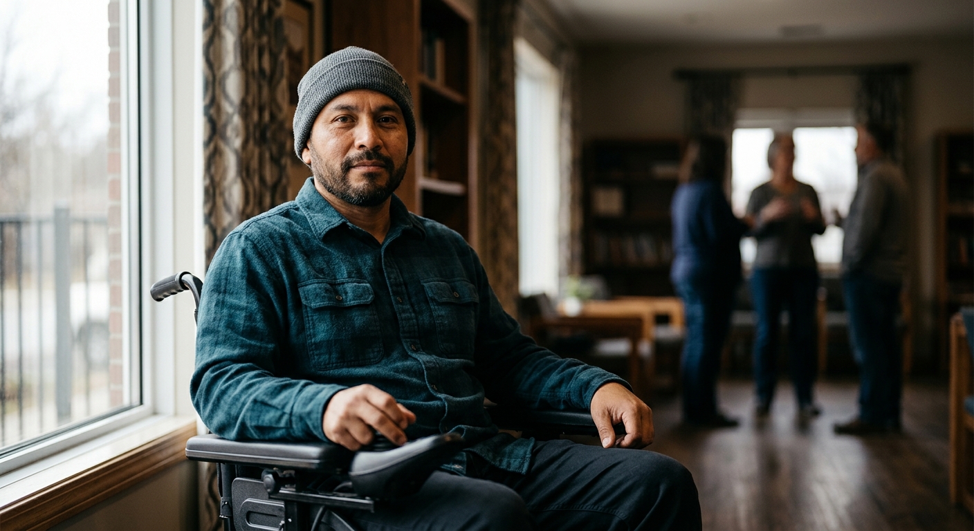 Hispanic man in a wheelchair looking forward with quiet resolve after a catastrophic spinal injury.
