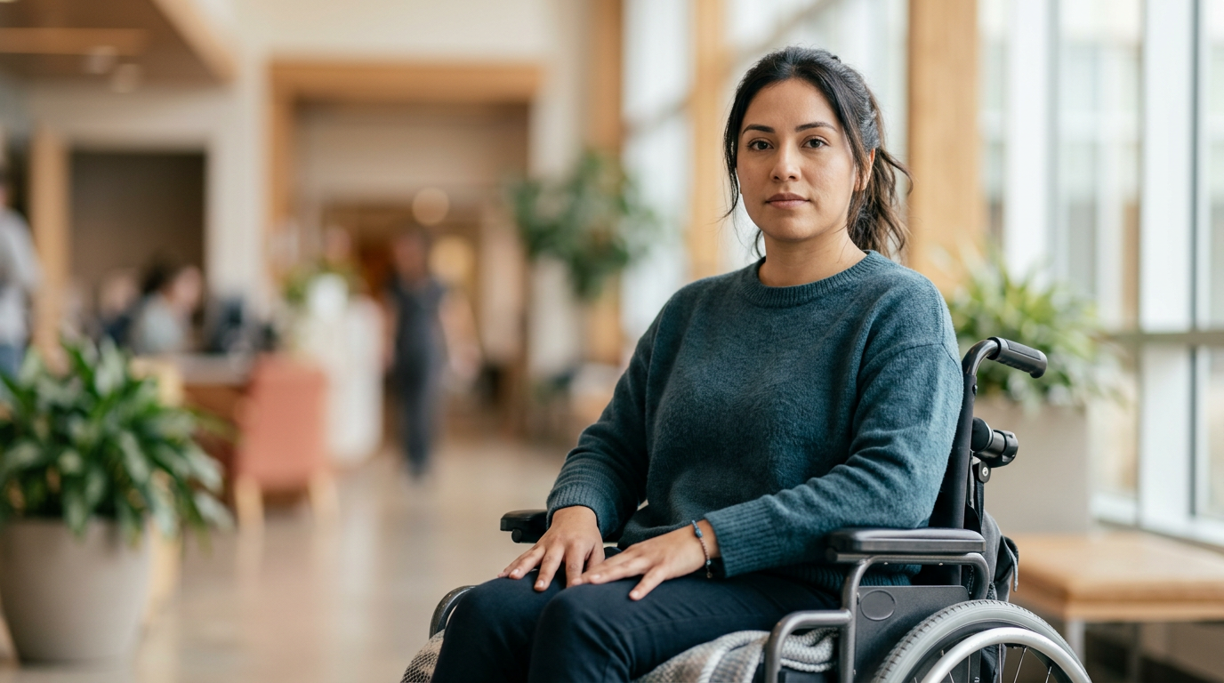 Hispanic man in a wheelchair looking forward with quiet resolve after a catastrophic spinal injury.