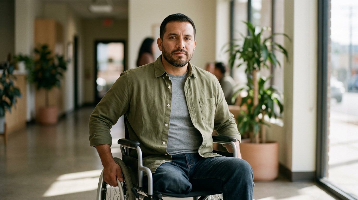 Hispanic man in a wheelchair looking forward with quiet resolve after a catastrophic spinal injury.