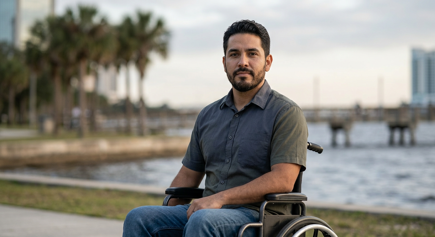 Hispanic man in a wheelchair looking forward with quiet resolve after a catastrophic spinal injury.