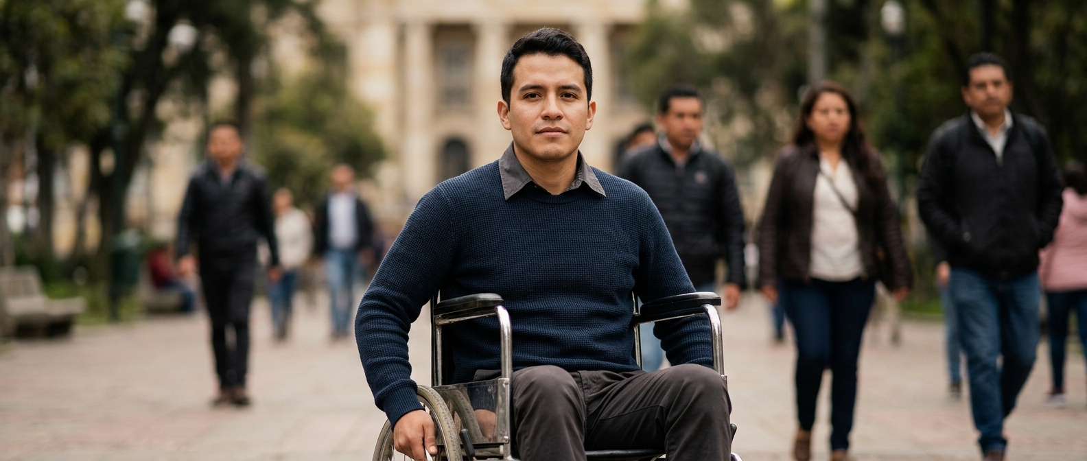 Hispanic man in a wheelchair looking forward with quiet resolve after a spinal injury.
