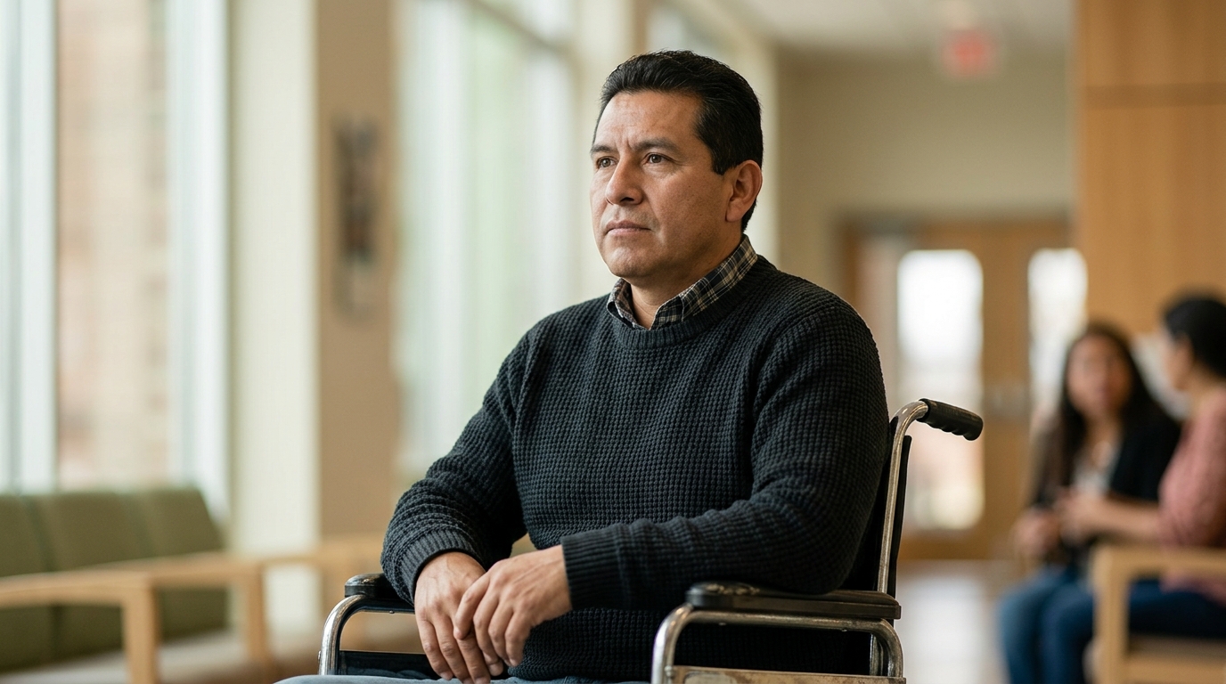 Hispanic man in a wheelchair looking forward with quiet resolve after a catastrophic spinal injury.