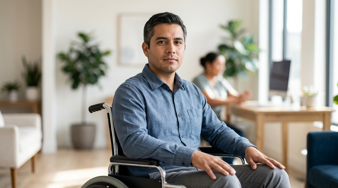 Hispanic man in a wheelchair looking forward with quiet resolve after a catastrophic spinal injury.