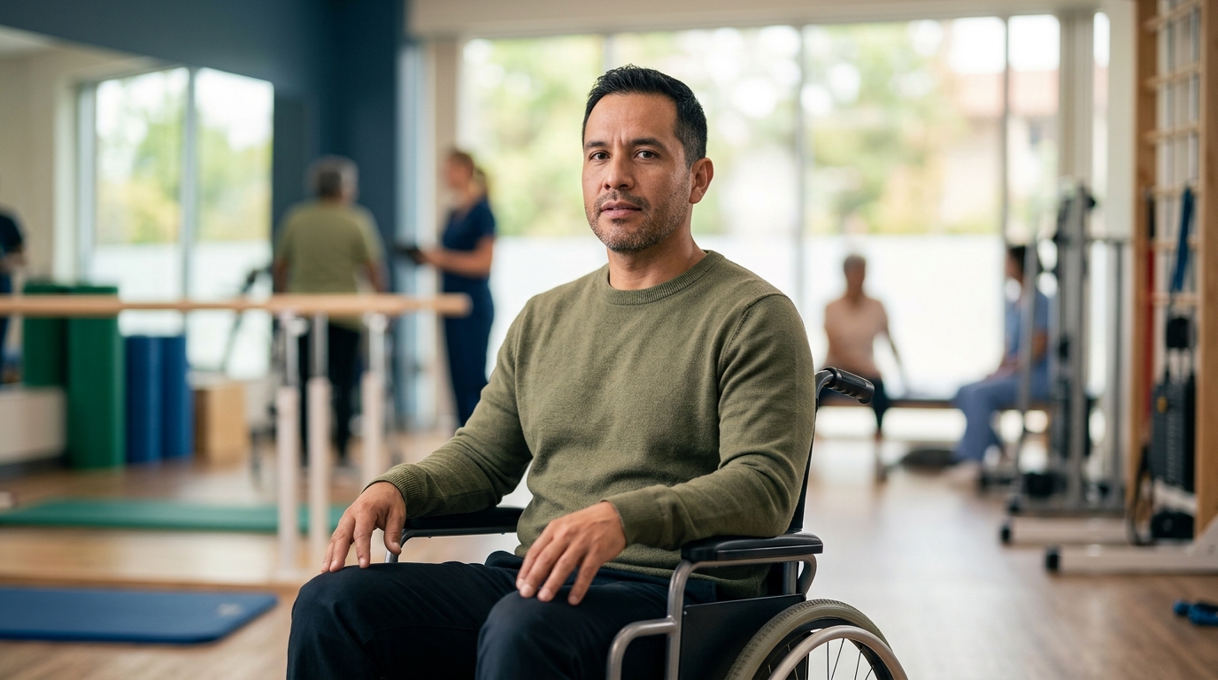 Hispanic man in a wheelchair looking forward with quiet resolve.