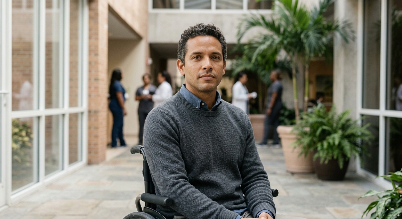 Hispanic man in a wheelchair looking forward with quiet resolve after a catastrophic spinal injury.