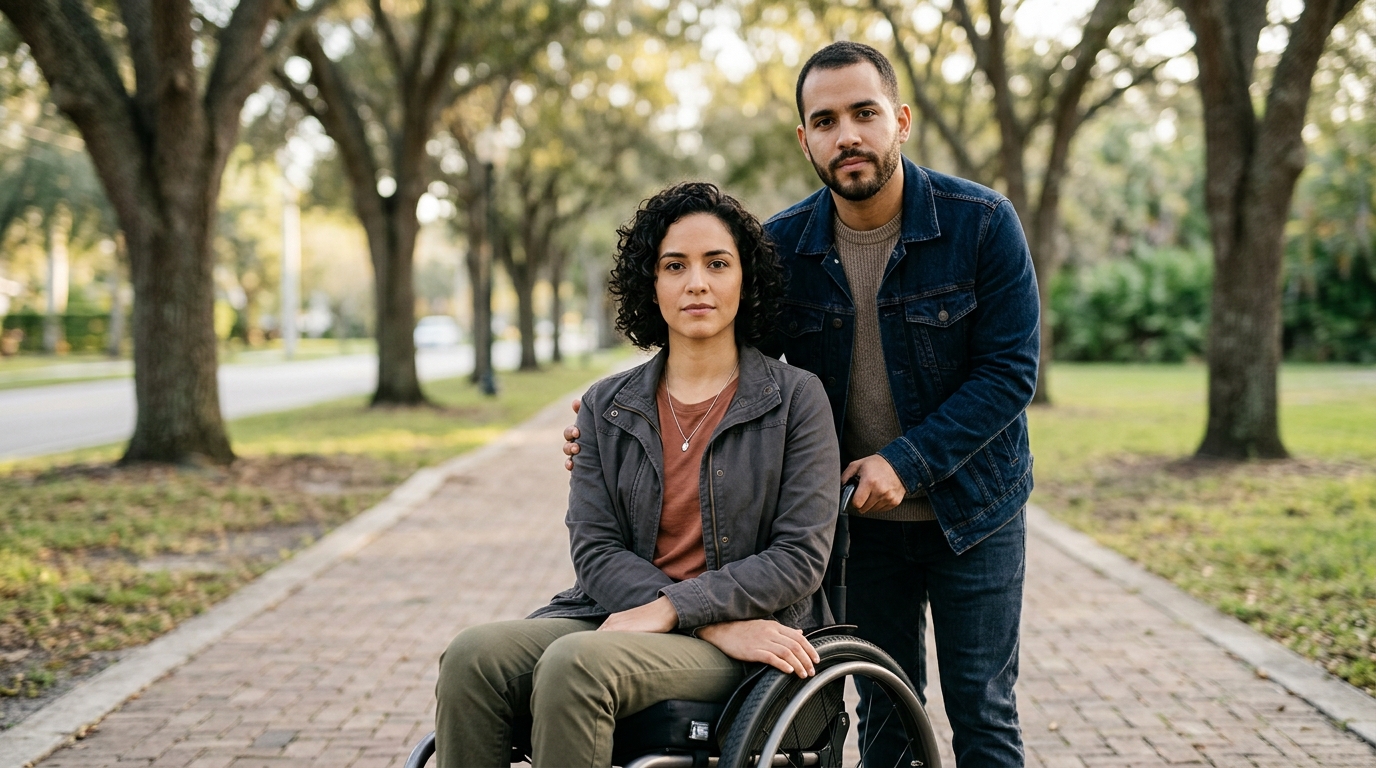 Hispanic man in a wheelchair looking forward with quiet resolve after a catastrophic spinal injury.