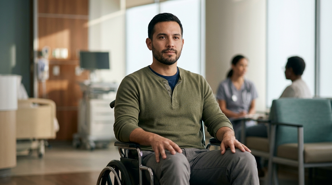 Hispanic man in a wheelchair looking forward with quiet resolve after a spinal injury.