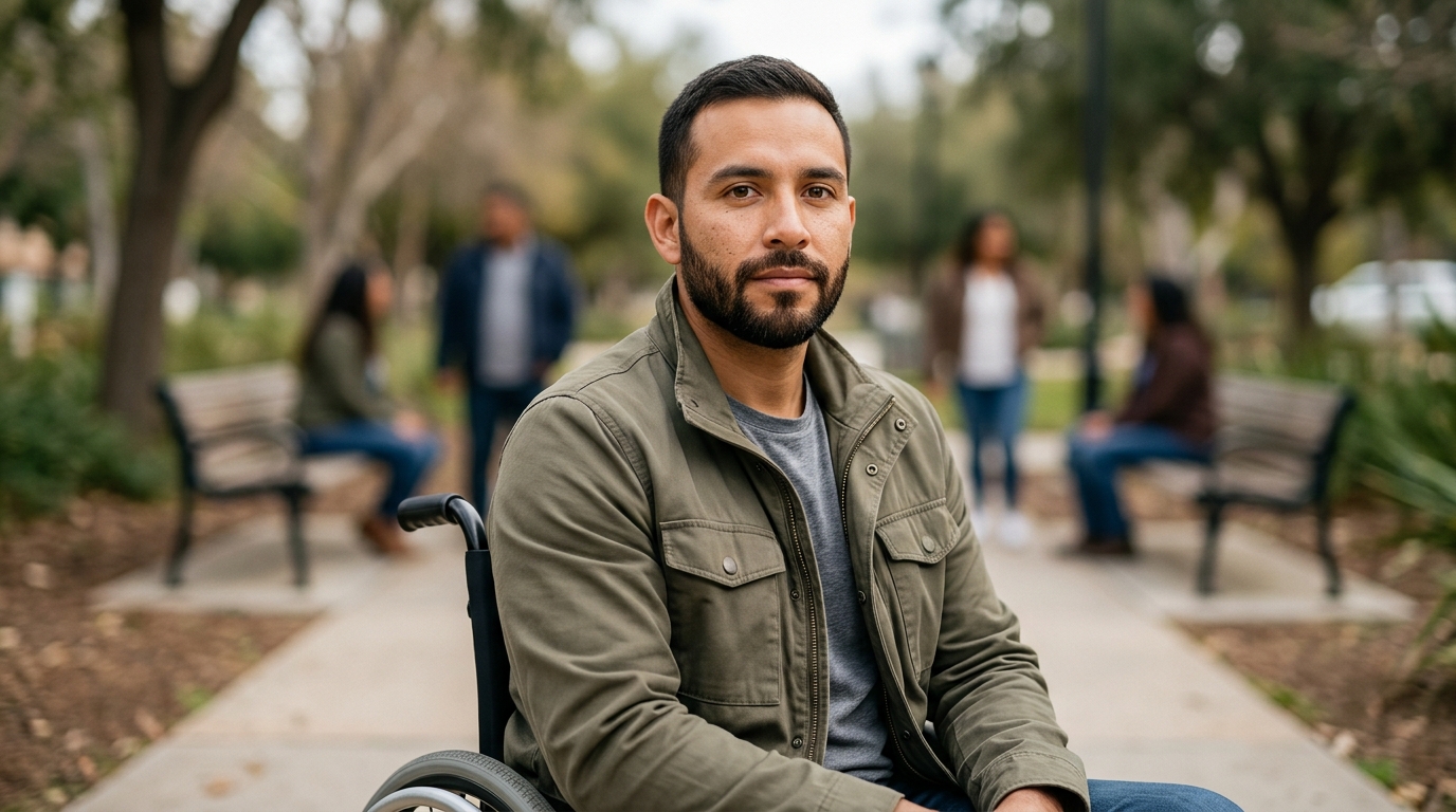 Hispanic man in a wheelchair looking forward with quiet resolve after a spinal cord injury.
