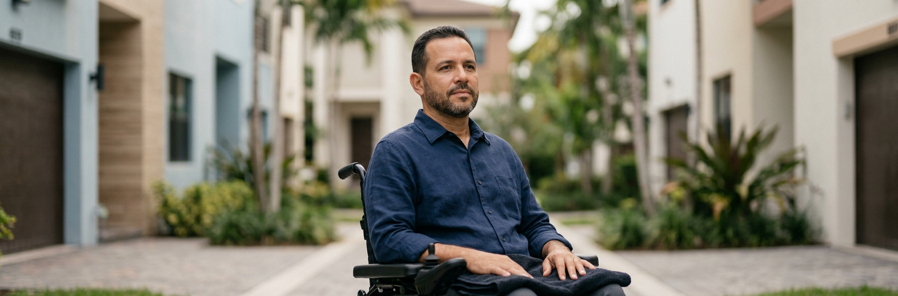 Hispanic man in a wheelchair looking forward with quiet resolve after a catastrophic spinal injury.