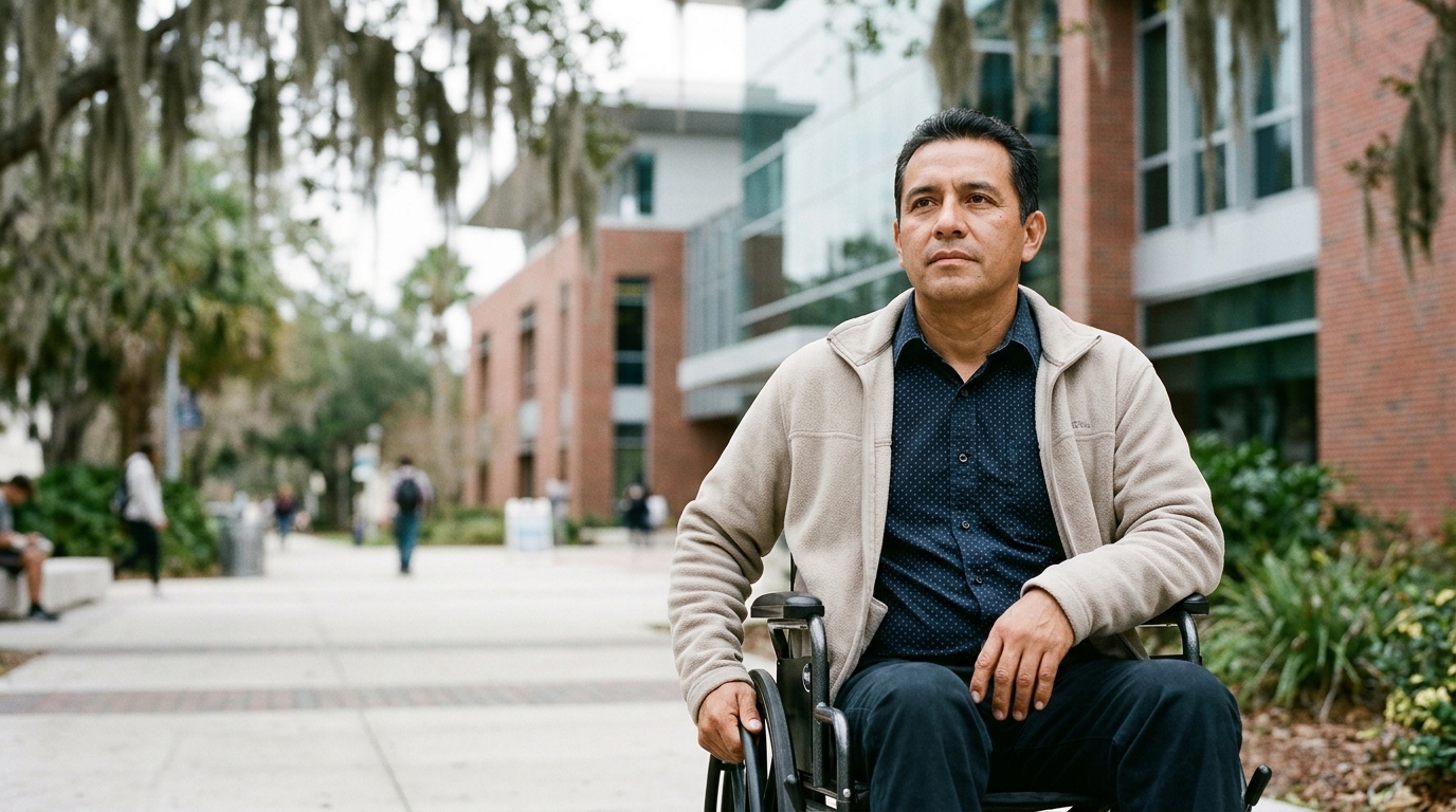 Hispanic man in a wheelchair looking forward with quiet resolve after a catastrophic spinal injury.
