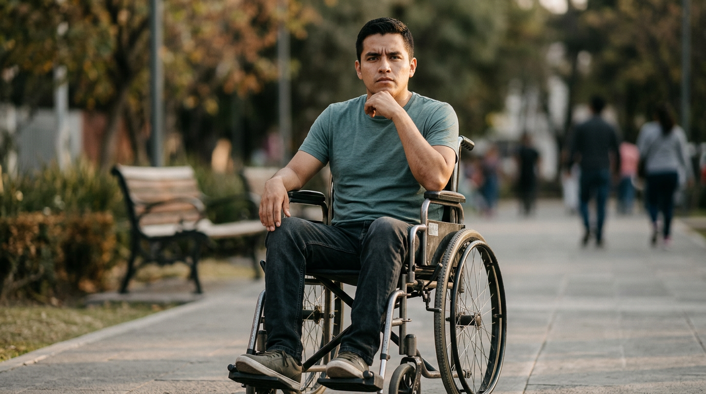 Hispanic man in a wheelchair looking forward with quiet resolve.