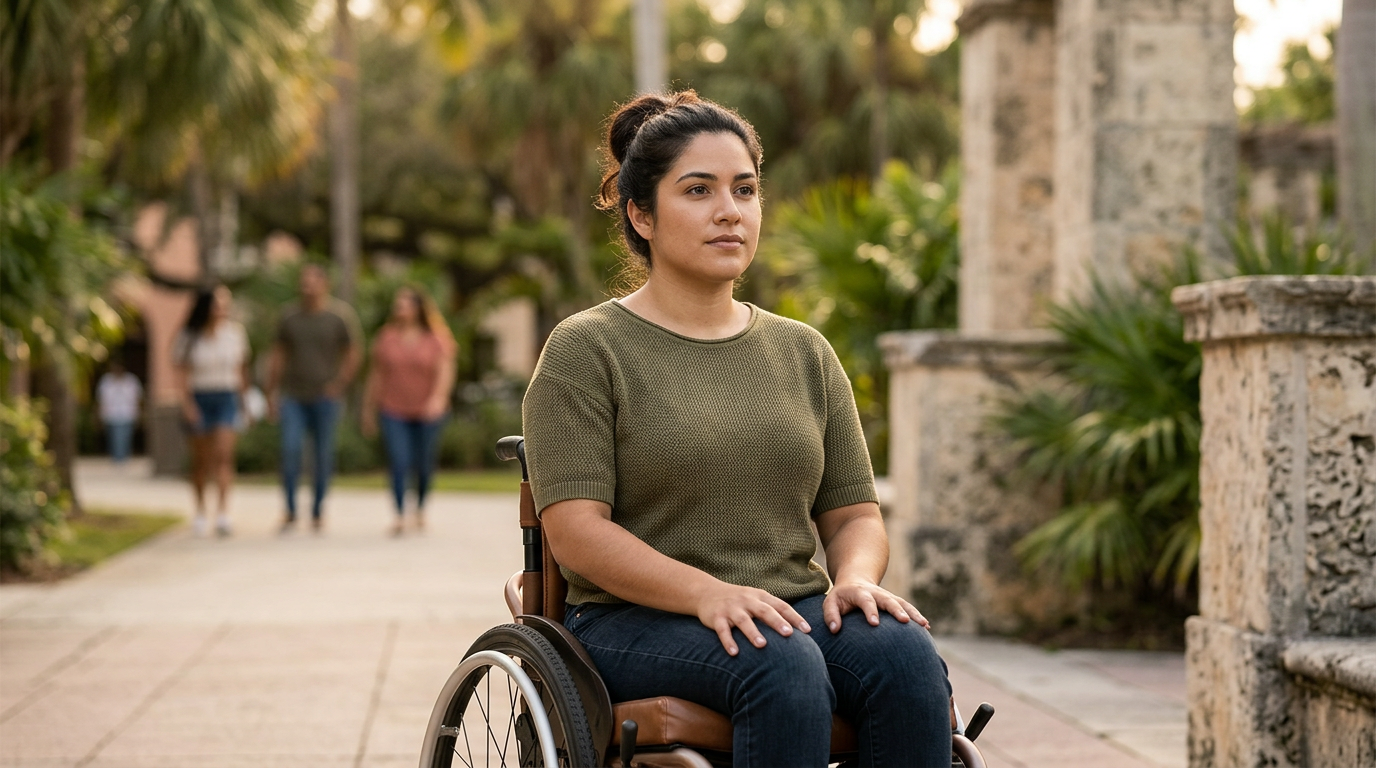 Hispanic man in a wheelchair looking forward with quiet resolve after a catastrophic spinal injury.