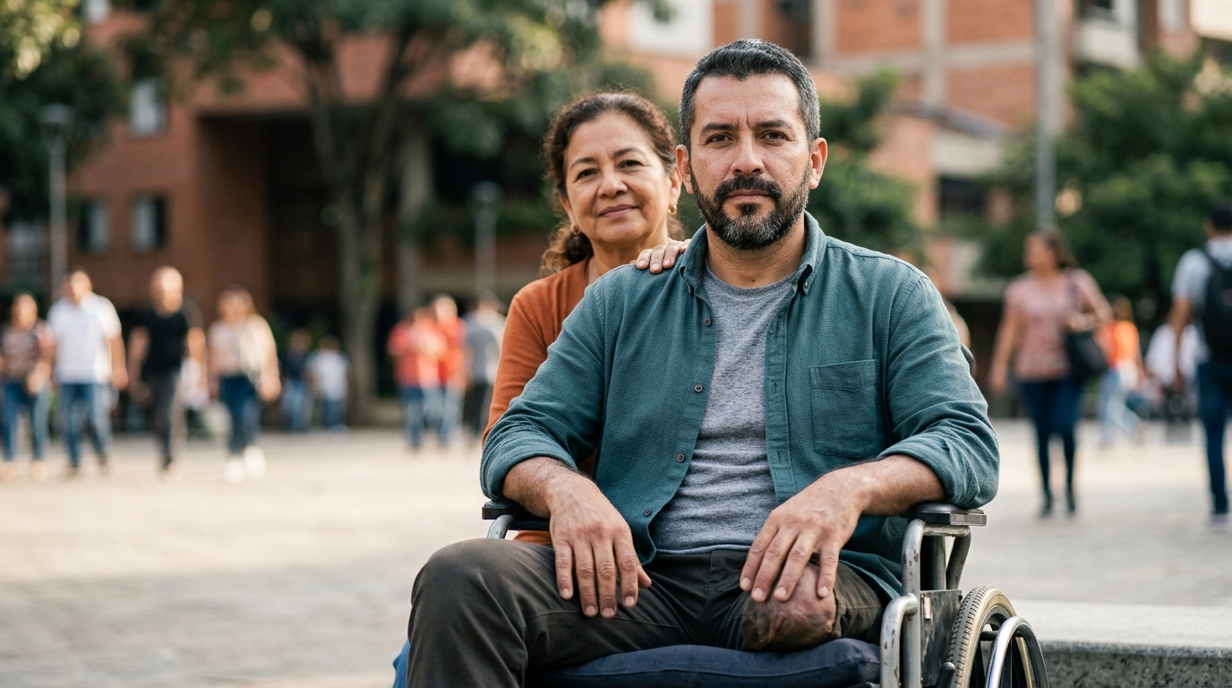 Hispanic man in a wheelchair looking forward with quiet resolve after a catastrophic spinal injury.