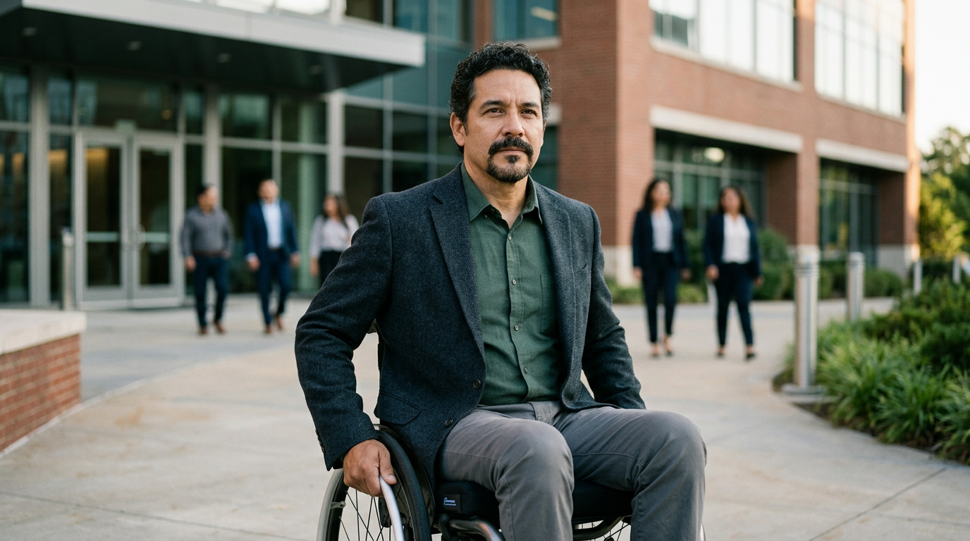 Hispanic man in wheelchair looking forward with quiet resolve after catastrophic spinal injury.