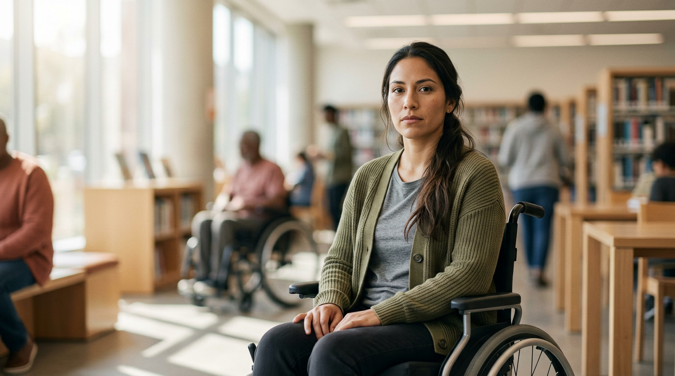 Hispanic man using a wheelchair looking forward with quiet resolve after a spinal injury.