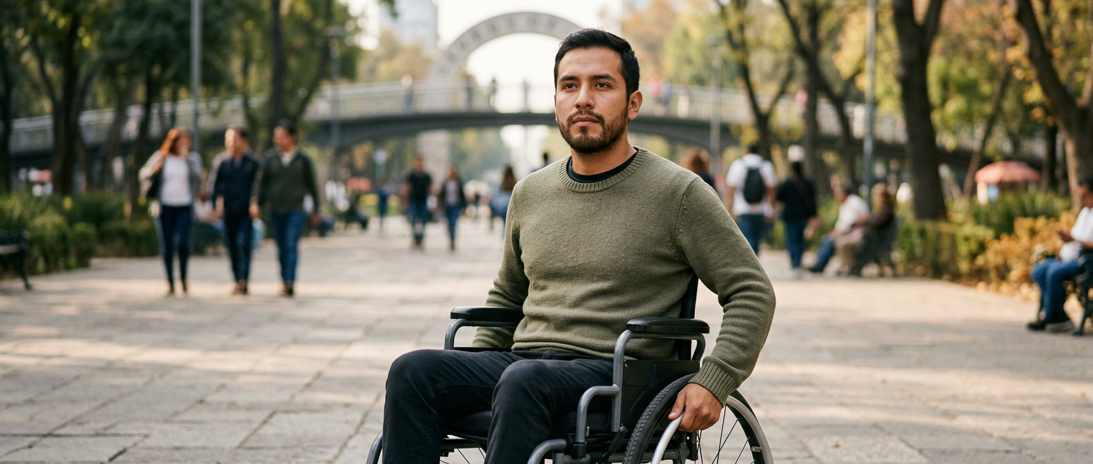 Hispanic man using a wheelchair looking forward with quiet resolve after a catastrophic spinal injury.