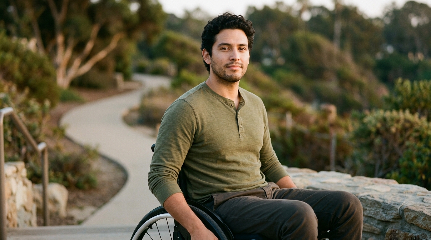 Hispanic person in a wheelchair looking forward with quiet resolve after a catastrophic spinal injury.