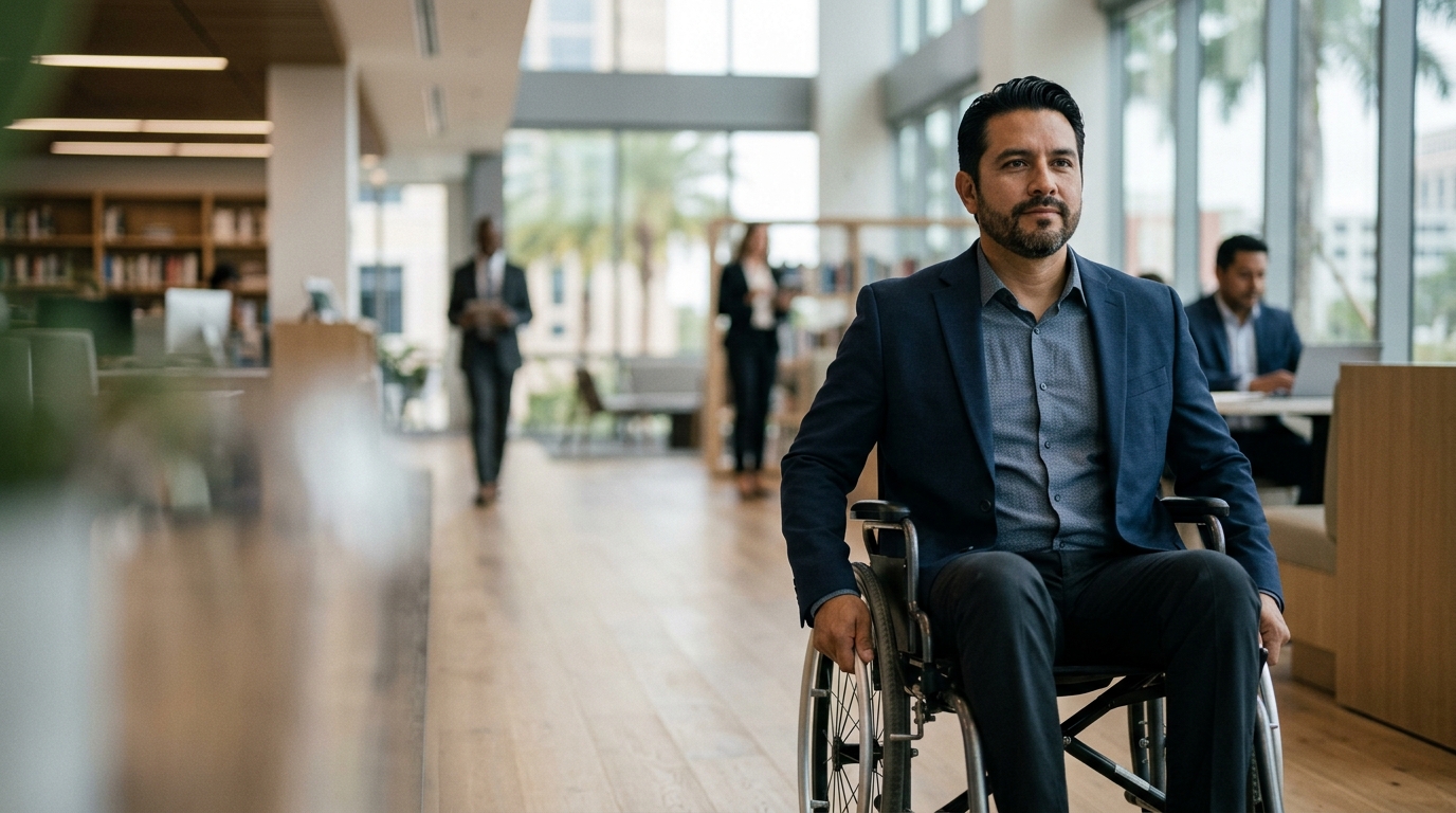 Hombre hispano en silla de ruedas mira hacia adelante con determinación tras una lesión medular.